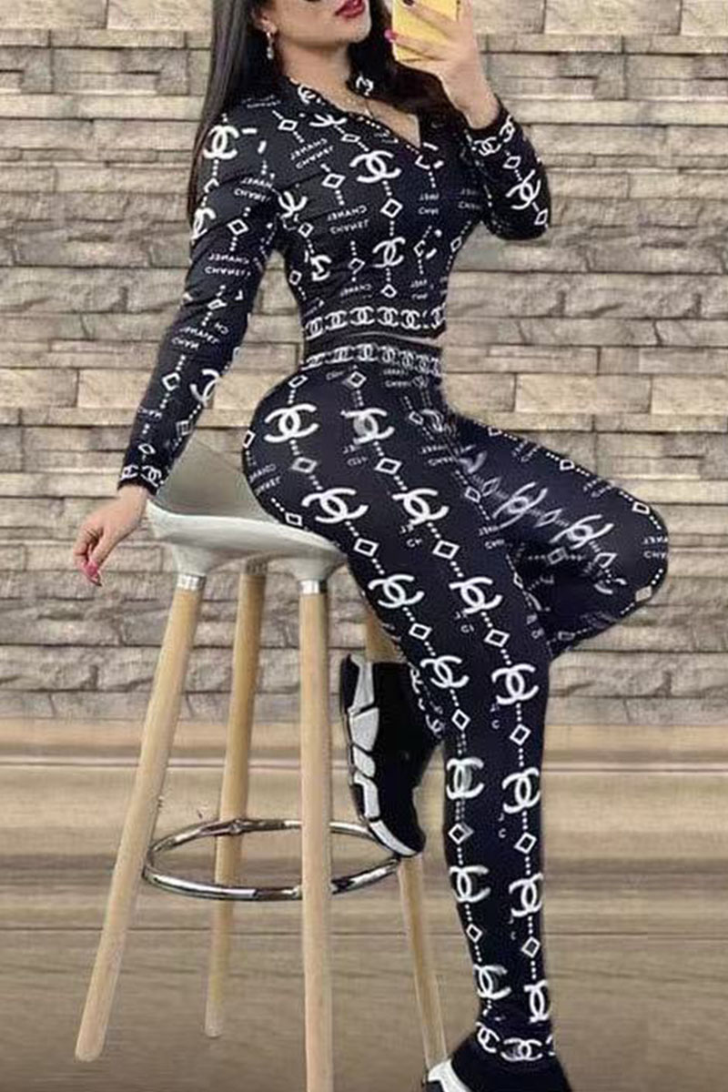 

Black Fashion Casual Print Split Joint O Neck Long Sleeve Two Pieces