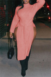 Pink Fashion Casual Solid Slit Turtleneck Long Sleeve Plus Size Dresses