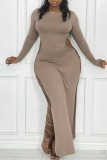 Pink Sexy Casual Solid Hollowed Out Slit O Neck Long Sleeve Plus Size Dresses