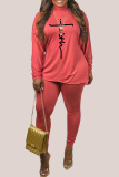 Pink Fashion Casual Print Basic Turtleneck Long Sleeve Two Pieces