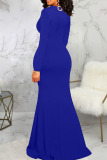 Blue Elegant Solid Patchwork High Opening V Neck Evening Dress Dresses
