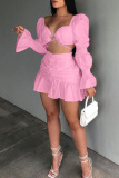 Pink Sexy Casual Solid Patchwork V Neck Long Sleeve Two Pieces