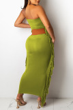 Ink Green Casual Solid Tassel Patchwork Strapless One Step Skirt Dresses(Without Belt)