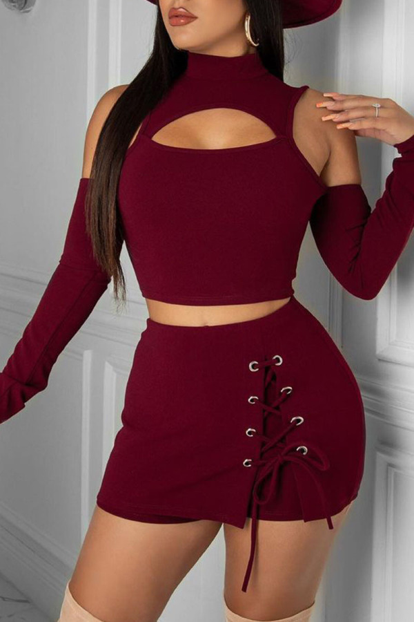 Burgundy Sexy Solid Hollowed Out Patchwork Frenulum Turtleneck Long Sleeve Two Pieces