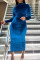 Tibetan Blue Fashion Casual Solid Patchwork Zipper Half A Turtleneck Long Sleeve Dresses