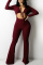 Burgundy Sexy Casual Solid Bandage Hollowed Out V Neck Regular Jumpsuits