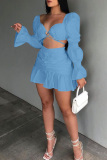 Sky Blue Sexy Casual Solid Patchwork V Neck Long Sleeve Two Pieces