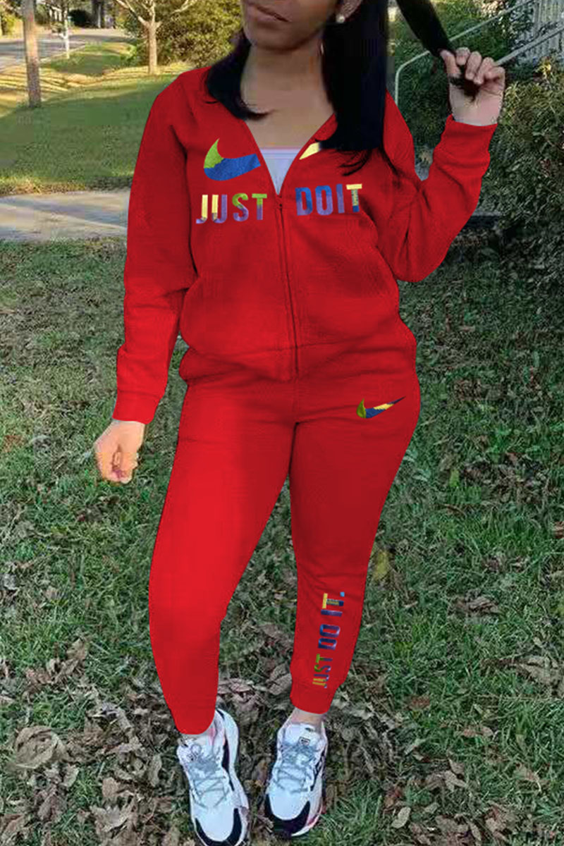 

Red Fashion Casual Print Split Joint Hooded Collar Long Sleeve Two Pieces