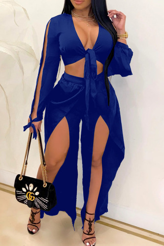 Blue Solid Bandage Patchwork Asymmetrical V Neck Long Sleeve Two Pieces