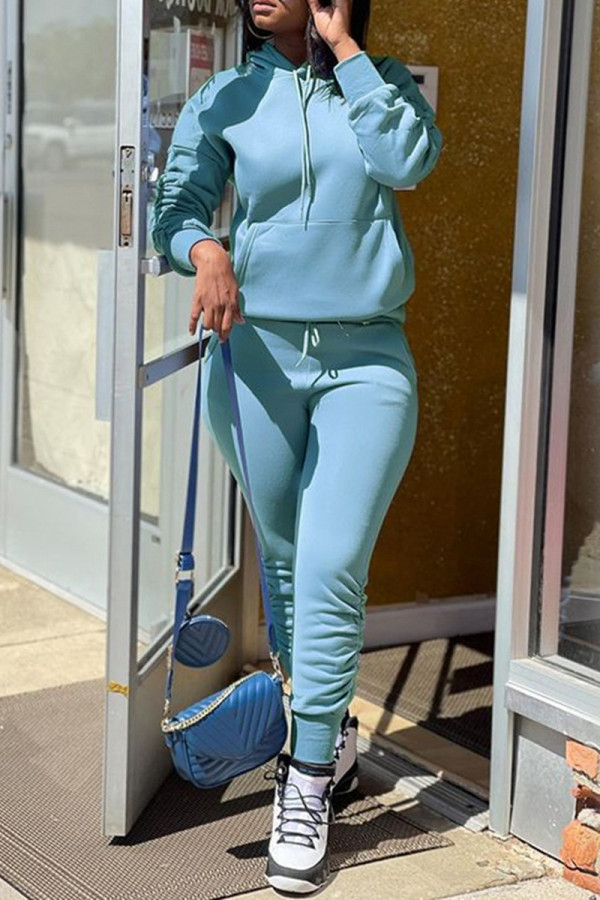 Light Blue Fashion Casual Solid Basic Hooded Collar Long Sleeve Two Pieces