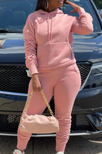 Pink Fashion Casual Solid Basic Hooded Collar Long Sleeve Two Pieces