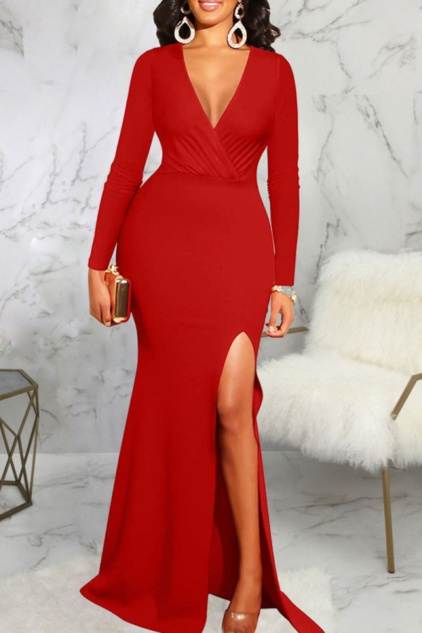 Red Elegant Solid Patchwork High Opening V Neck Evening Dress Dresses