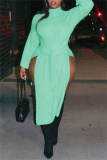 Light Green Fashion Casual Solid Slit Turtleneck Long Sleeve Plus Size Dresses