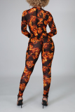 Orange Sexy Print Hollowed Out O Neck Long Sleeve Two Pieces