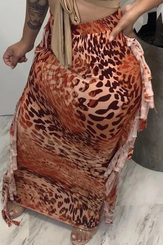 Orange Fashion Casual Print Leopard Tassel Regular High Waist Skirt