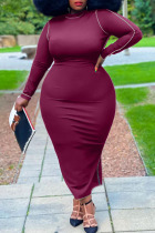 Burgundy Casual Solid Split Joint O Neck One Step Skirt Plus Size Dresses