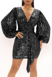 Purple Sexy Solid Patchwork Sequins V Neck One Step Skirt Dresses