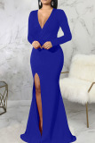 Blue Elegant Solid Patchwork High Opening V Neck Evening Dress Dresses