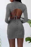 Grey Sexy Solid Hollowed Out Half A Turtleneck Pencil Skirt Dresses