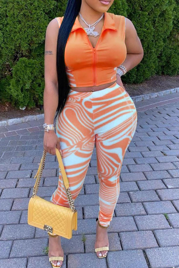 Orange Fashion Casual Striped Vests Pants Zipper Collar Sleeveless Two Pieces