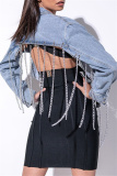 Light Color Fashion Casual Patchwork Chains Turndown Collar Long Sleeve Regular Denim Jacket