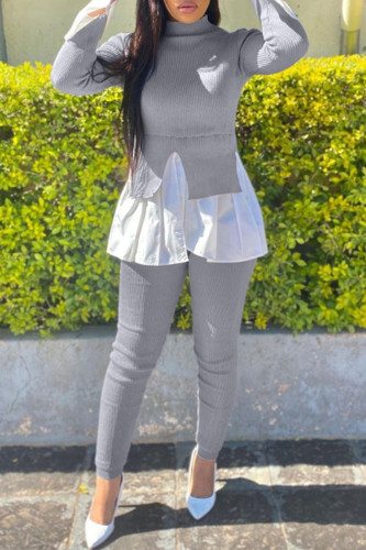Grey Fashion Casual Patchwork Asymmetrical Half A Turtleneck Long Sleeve Two Pieces