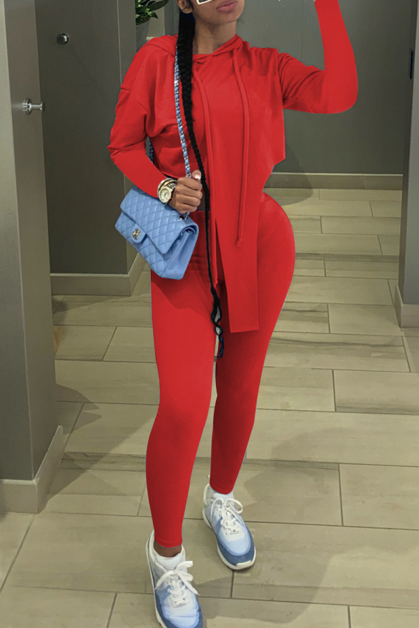 Red Fashion Casual Solid Asymmetrical Hooded Collar Long Sleeve Two Pieces