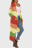 Orange Green Casual Striped Print Patchwork Slit Outerwear