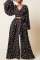 Black Brown Fashion Casual Print Bandage V Neck Long Sleeve Two Pieces