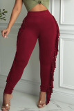 Burgundy Casual Solid Tassel Patchwork Skinny High Waist Pencil Solid Color Bottoms