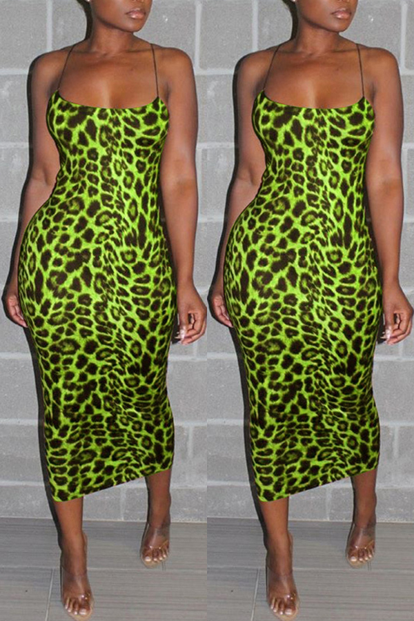 Fluorescent green Sexy Fashion Leopard Print Suspender Dress (Without Waist Chain)