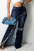 Blue Fashion Street Ripped Make Old Split Joint Asymmetrical High Waist Boot Cut Denim Jeans