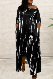 Black Fashion Casual Print Asymmetrical O Neck Long Sleeve Dresses