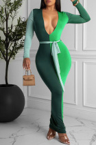 Green Fashion Casual Patchwork With Belt V Neck Long Sleeve Dresses
