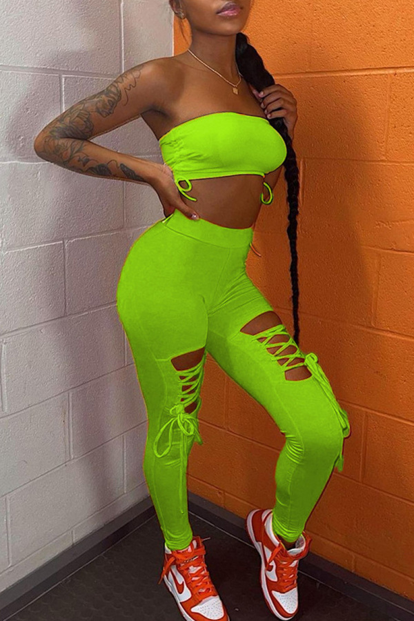 Fluorescent Green Sexy Casual Solid Bandage Hollowed Out Strapless Sleeveless Two Pieces