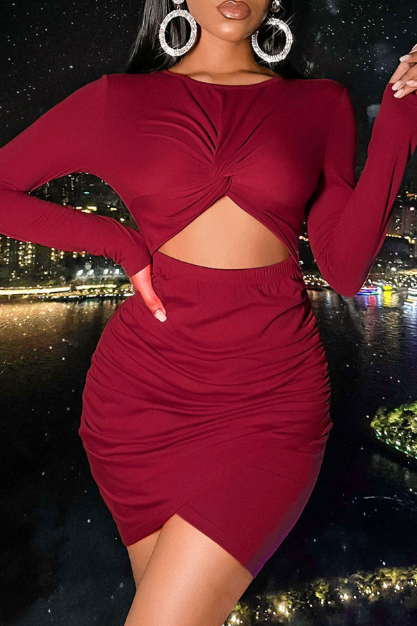 Red Sexy Solid Hollowed Out Split Joint Fold O Neck One Step Skirt Dresses