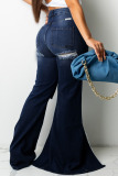 Blue Fashion Street Ripped Make Old Patchwork Asymmetrical High Waist Boot Cut Denim Jeans