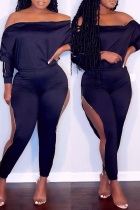 Black Fashion Casual Solid Hollowed Out Off the Shoulder Long Sleeve Two Pieces
