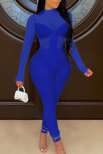 Blue Sexy Solid Bandage Patchwork See-through Fold O Neck Skinny Jumpsuits