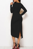 Black Casual Solid Split Joint Fold Asymmetrical O Neck Straight Dresses