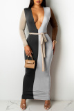 White Fashion Casual Patchwork With Belt V Neck Long Sleeve Dresses