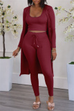 Burgundy Fashion Casual Solid Cardigan Vests Pants U Neck Long Sleeve Two Pieces