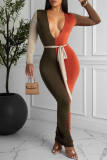 Orange Fashion Casual Patchwork With Belt V Neck Long Sleeve Dresses