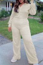 Cream White Casual Solid Split Joint Buckle Turndown Collar Plus Size Jumpsuits