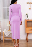 Purple Sexy Solid Patchwork High Opening With Bow V Neck Straight Dresses