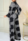 Black Casual Print Patchwork With Belt O Neck Straight Jumpsuits