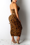 Brown Sexy Fashion Leopard Print Suspender Dress (Without Waist Chain)