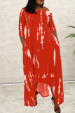 Red Fashion Casual Print Asymmetrical O Neck Long Sleeve Dresses