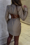 Khaki Sexy Casual Solid Backless Turndown Collar Long Sleeve Dresses