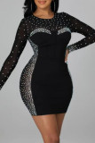 Black Fashion Sexy Patchwork Hot Drilling Tear O Neck Long Sleeve Dresses